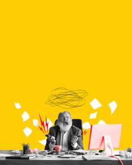 Anger and annoyance. Businessman sitting in office, looking on computer and feeling stress. Many tasks. Contemporary art collage. Concept of business, emotions, psychology, professional occupation, ad