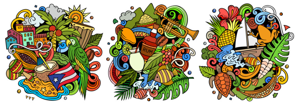 Puerto Rico cartoon vector doodle designs set. Colorful detailed compositions with lot of puerto-rican objects and symbols. Isolated on white illustrations
