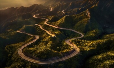  an aerial view of a winding road in a mountainous area.  generative ai