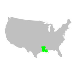 Vector map of the state of Louisiana highlighted highlighted in bright green on a map of United States of America.