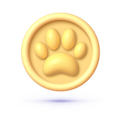 Golden paw 3d on white background. Isolated graphic template. Vector cartoon illustration