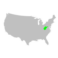 Vector map of the state of West Virginia highlighted highlighted in bright green on a map of United States of America.