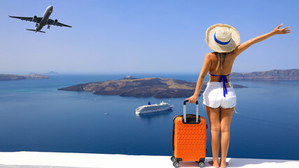 Happy moment with young woman tourist as orange the luggage in Santorini island,Greece-Travel...