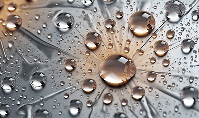  a close up of water droplets on a metal surface with a yellow center.  generative ai