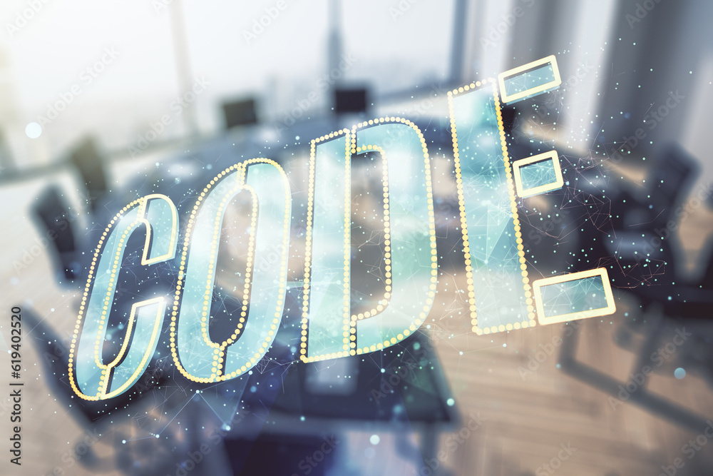 Poster code word hologram on a modern coworking room background, international software development concept
