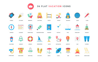 Palm tree and passport for airplane or ship trip, backpack and luggage, compass and camera. Summer beach vacation, outdoor tourism and travel holidays trendy flat icons set vector illustration
