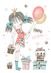 A birthday card with a cute princess girl and gifts. Vector.