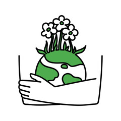 World environment day. International day of climate. Minimalist vector background with earth in hands and plant. Poster, banner, background with lettering environment day. Save planet earth.