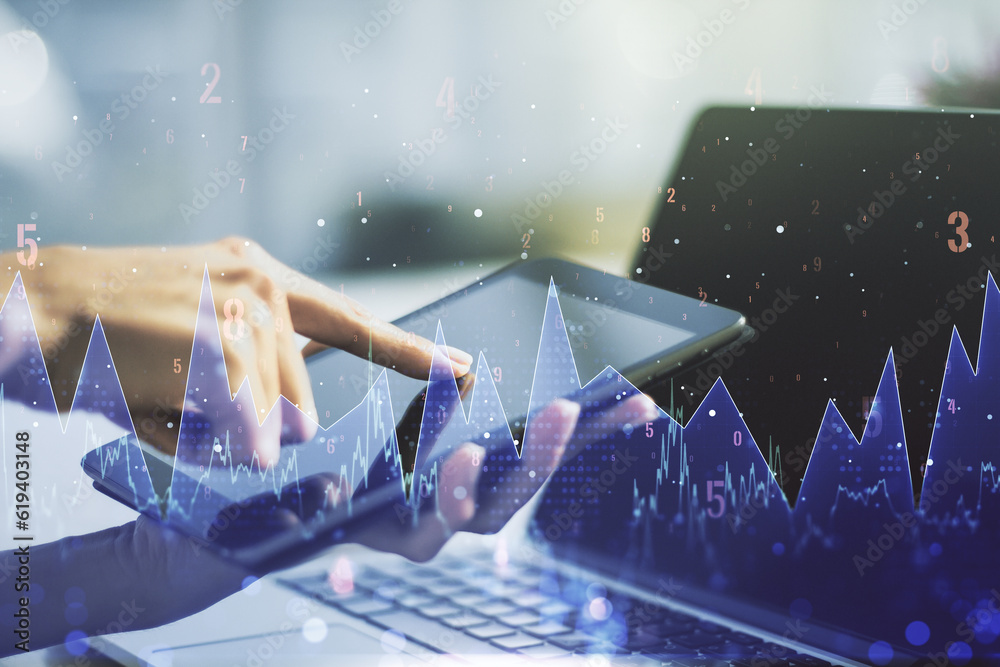 Poster Double exposure of abstract creative statistics data hologram with finger clicks on a digital tablet on background, analytics and forecasting concept