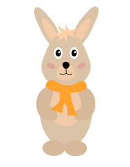 Cute rabbit with scarf. Autumn cartoon forest animal. Concept for children design. Vector flat illustration.