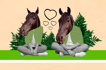 Collage composite picture of two head disguise mask animals mammal horses sitting together love...