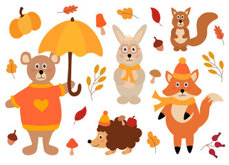 Set cute autumn animals with hat, scarf, umbrella. Wild hare, hedgehog, fox, squirrel and bear. Cozy Fall. Vector illustration in flat style.