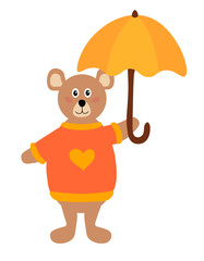 Bear in sweater with umbrella. Autumn cartoon forest animal. Vector flat illustration.