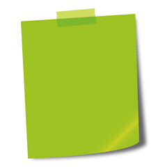 Green post it glued to the board with tape isolated on transparent background. Sticky note with shadow.