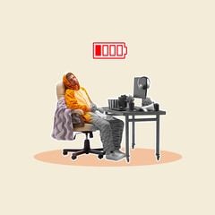 Employee, freelancer sitting in homewear at workin table and feeling lack of energy to work. Deadlines. Contemporary art collage. Concept of business, emotions, psychology, professional occupation, ad