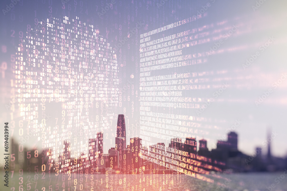 Poster abstract virtual code skull hologram on san francisco cityscape background, cybercrime and hacking c