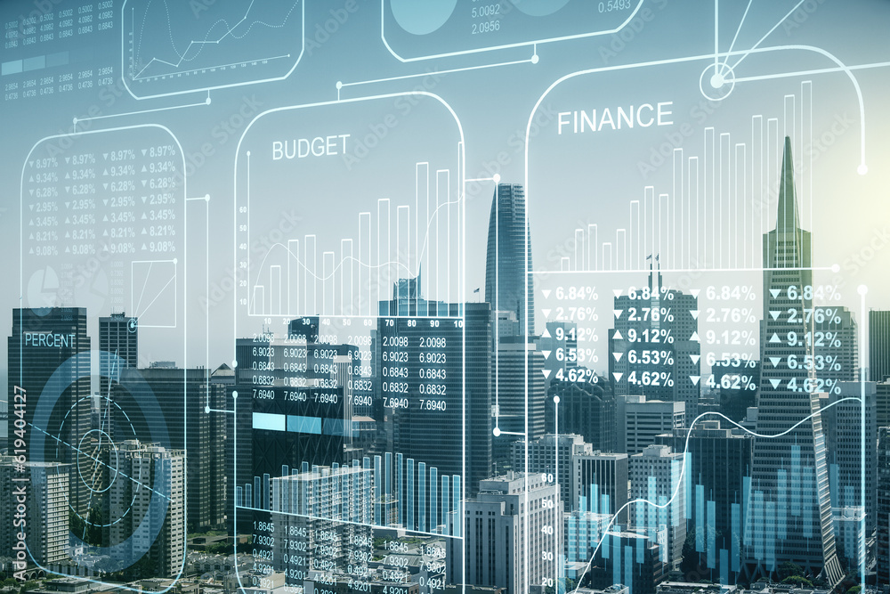 Poster abstract virtual analytics data spreadsheet on san francisco cityscape background, analytics and ana