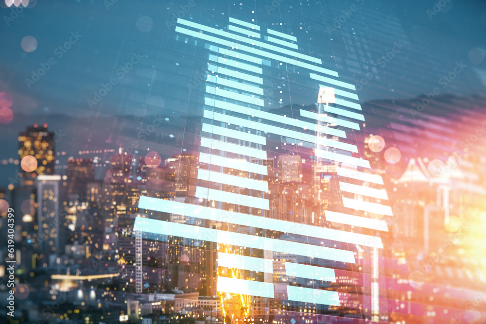 Poster Double exposure of creative Bitcoin symbol hologram on San Francisco office buildings background. Mining and blockchain concept