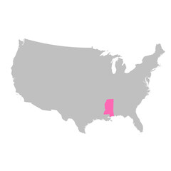 Vector map of the state of Mississippi highlighted highlighted in bright pink on a map of United States of America.
