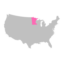 Vector map of the state of Minnesota highlighted highlighted in bright pink on a map of United States of America.