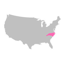 Vector map of the state of North Carolina highlighted highlighted in bright pink on a map of United States of America.