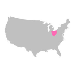 Vector map of the state of Ohio highlighted highlighted in bright pink on a map of United States of America.
