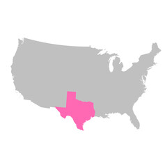 Vector map of the state of Texas highlighted highlighted in bright pink on a map of United States of America.