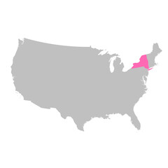 Vector map of the state of New York highlighted highlighted in bright pink on a map of United States of America.