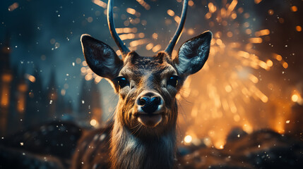 Funny deer celebrating with New Year's Eve fireworks 