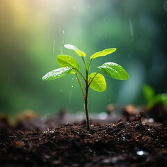 The concepts of plant growth are growing on the fertile soil in nature and morning light.