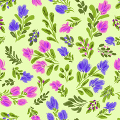 Fototapeta na wymiar Watercolor drawing. Seamless floral pattern with bright colorful flowers and leaves. Elegant template for fashion prints. Modern floral background