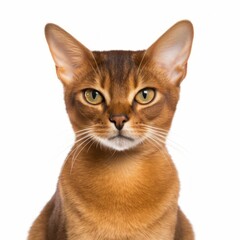 AI generated illustration of an Abyssinian
cat perched atop a white background