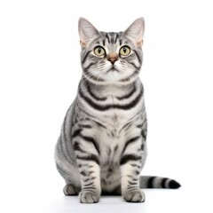 AI generated illustration of a Tabby cat
perched atop a white background, gazing into the camera