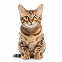 Naklejka premium AI generated illustration of a Bengal cat perched atop a white background, gazing into the camera