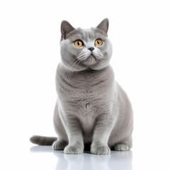 AI generated illustration of a British Shorthair cat perched atop a white background