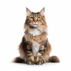 AI generated illustration of a mackerel tabby Maine shag cat perched atop a white background