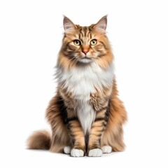 AI generated illustration of a mackerel tabby maine shag cat perched atop a white background