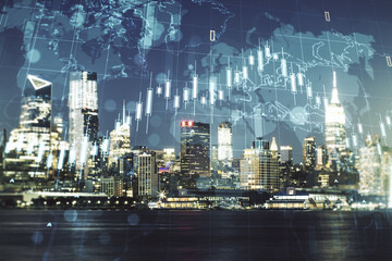 Double exposure of abstract creative financial chart hologram and world map on New York city skyscrapers background, research and strategy concept