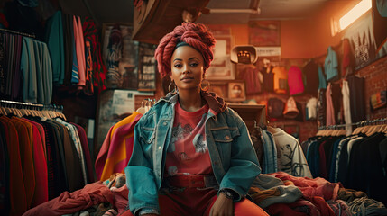 Young beautiful women shopping in second hand store chooses vintage clothes