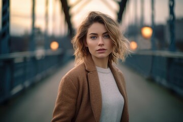 AI generated illustration of a woman with blonde hair stands on a bridge looking at the camera - Powered by Adobe