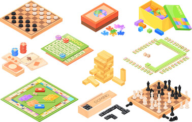 Isometric board games. Various boardgames collection, miniature strategy table game for family fun playing checker chess bingo money card mahjong dice © ssstocker