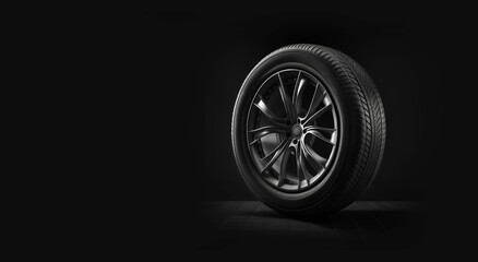 AI generated illustration of Close up of a black tire on a dark background with highlighted details