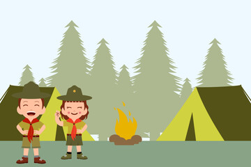 Camping scouts. Campfire in forest and happy kids in uniform outdoor vector adventure flat concept - obrazy, fototapety, plakaty