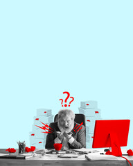 Ager. Businessman, employee sitting at table with many documents around. Many tasks, deadlines and projects. Contemporary art collage. Concept of business, psychology, professional occupation, ad