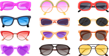 Sun spectacles. Various trendy sunglasses with different lens, fashion black glasses cool shades eyewear plastic eyeglasses sunlight goggles collection set neat vector illustration