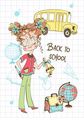 Cute girl goes to school. A schoolgirl with a school bell. Back to school. Vector