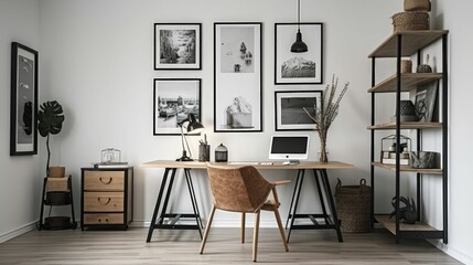 AI generated illustration of an organized room with a work desk and photo decorations