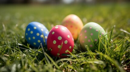An Easter scene featuring various colorful eggs scattered on the grass and adorned with small dots