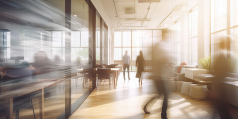 office space modern co-working workspace and abstract business people in motion blur. concept of people networking talking working together. generative ai