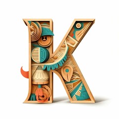 A rustic brown wooden letter K, intricately carved and embossed with decorative patterns